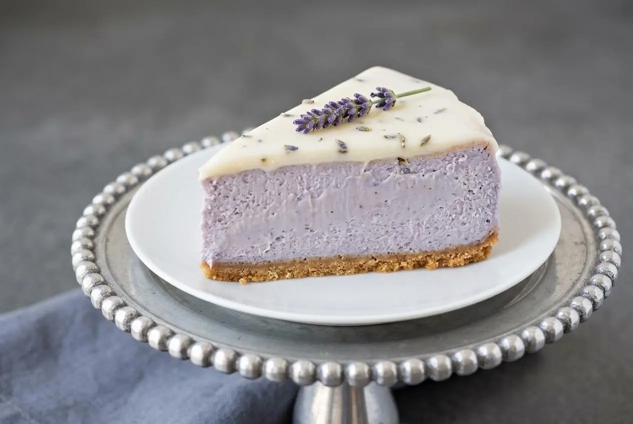 Baked honey lavender cheesecake with a velvety pale violet filling, golden graham cracker crust, and glossy topping.