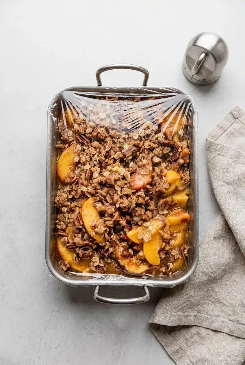 Unbaked peach crisp in a baking dish covered in plastic wrap on a gray kitchen countertop.