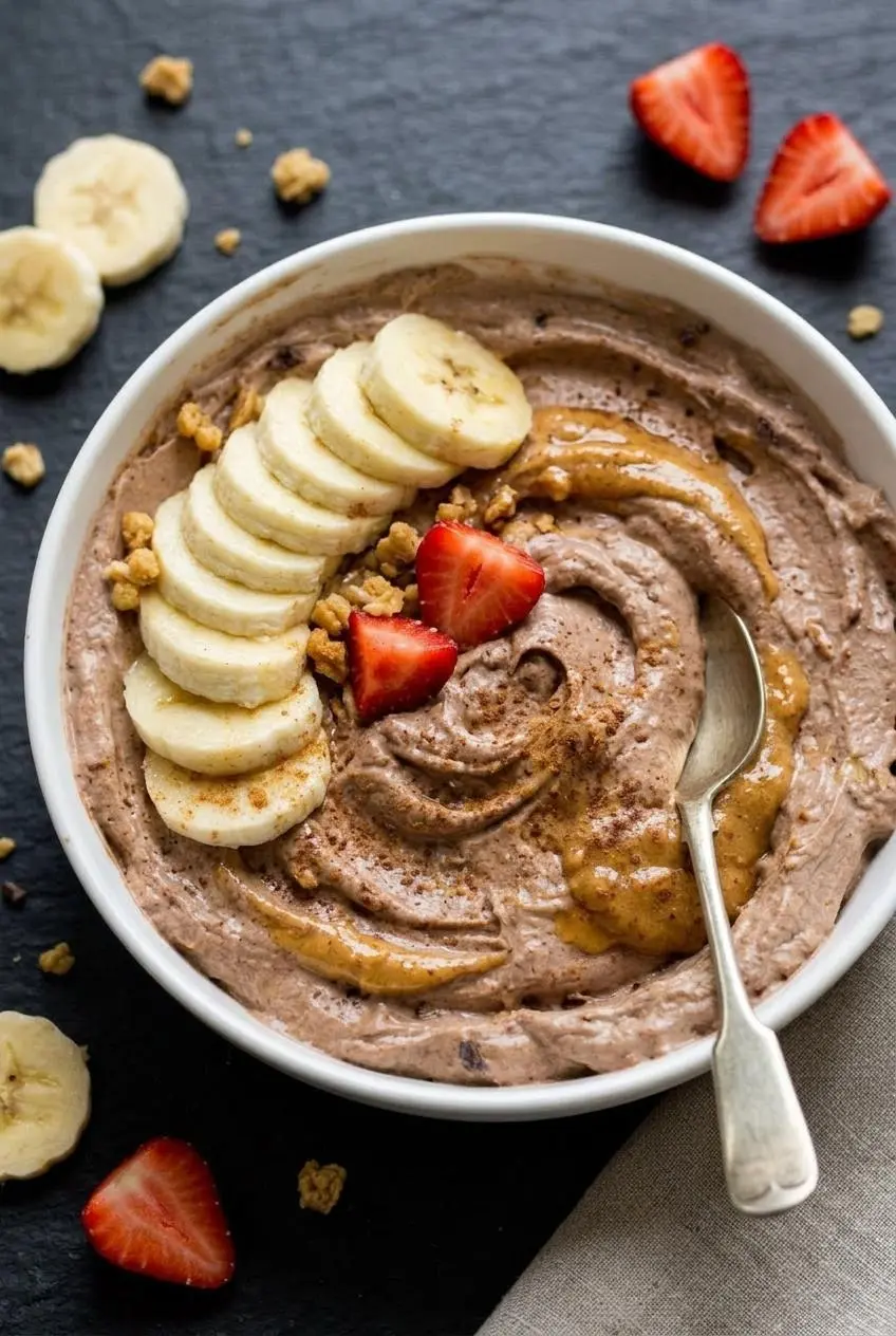 A close-up of thick, glossy chocolate-peanut butter yogurt base with cinnamon flecks in a dark bowl with a mini spatula.