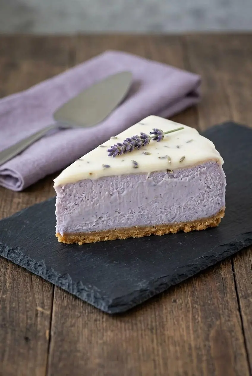Whole honey lavender cheesecake with a white sour cream topping layer on a dark serving slate with a metal server.