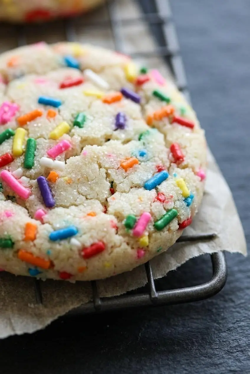 Close-up of a freshly baked sprinkle cookie showing a soft cracked center and baked-in rainbow jimmies on a wire rack.