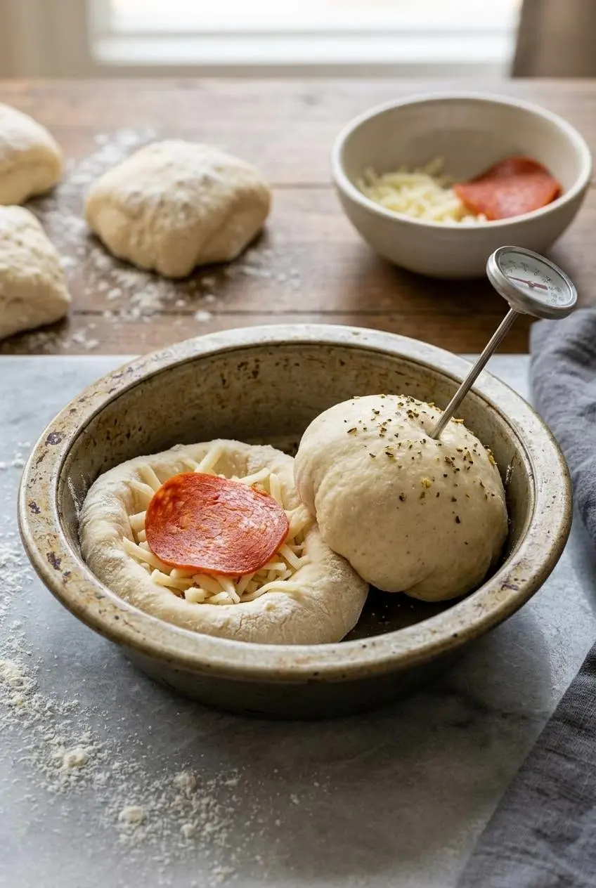 Flattened sourdough round with mozzarella and pepperoni, next to a sealed dough bomb with a toothpick vent hole.