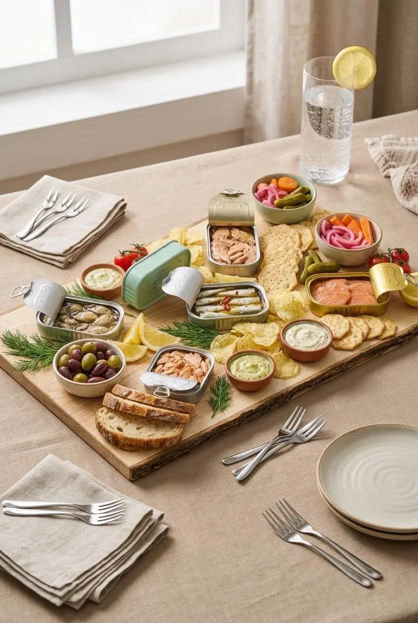 A table set with a tinned fish board, small plates, cocktail napkins, seafood forks, and lemon sparkling water.