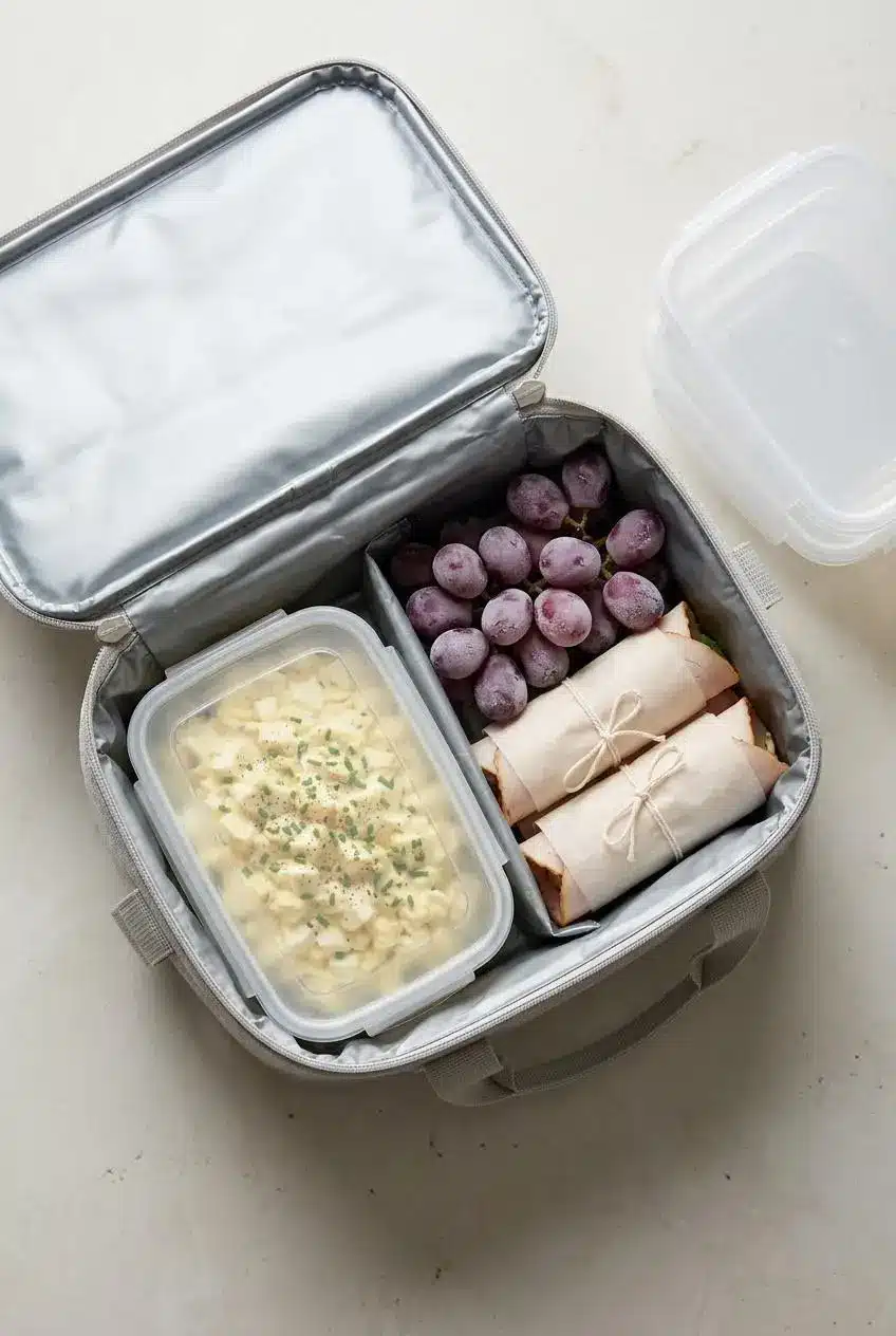 An open zippered cooler bag neatly packed with egg salad in an airtight container, frozen grapes, and wrapped rollups.