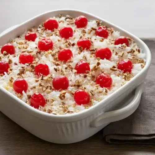 Italian Bakeless Cake with creamy pineapple layers, shredded coconut, pecans, and maraschino cherries in a dish.