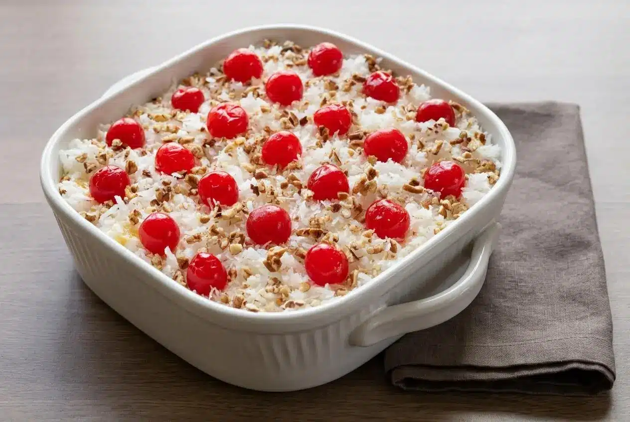 Italian Bakeless Cake with creamy pineapple layers, shredded coconut, pecans, and maraschino cherries in a dish.