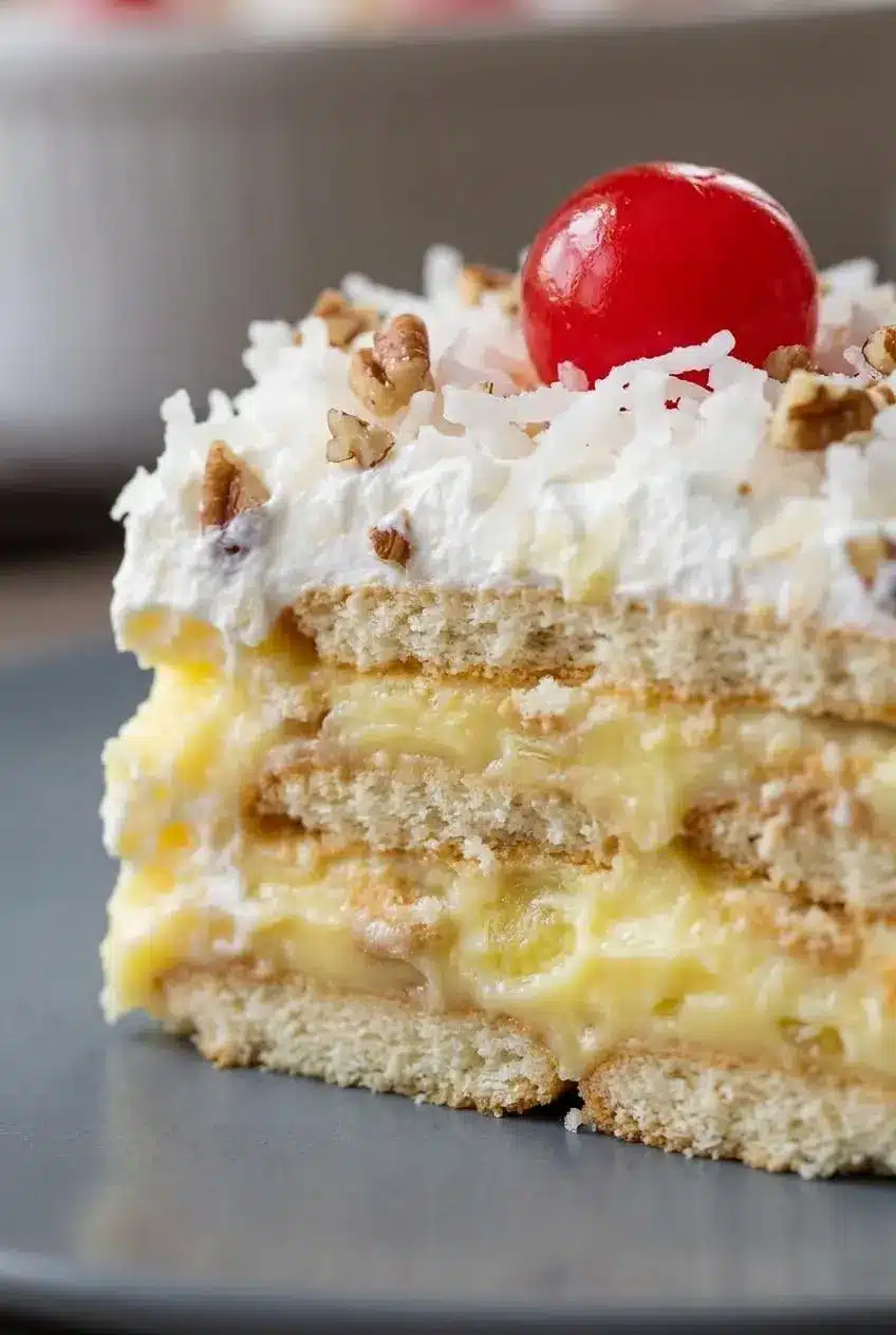 Slice of chilled icebox cake showing softened vanilla wafer cookie layers and creamy pineapple lemon filling.