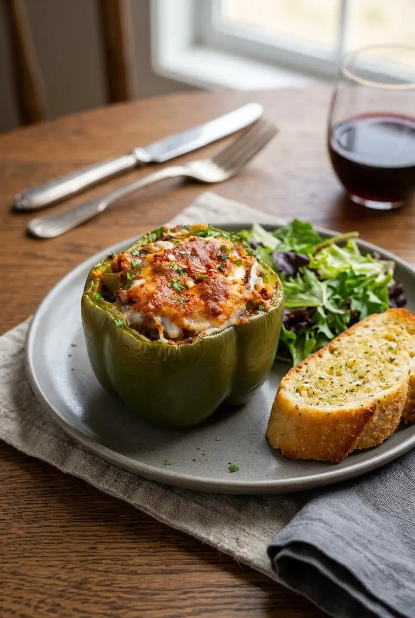 An Italian-style stuffed pepper with melted mozzarella cheese on a plate with fresh green salad and garlic bread.