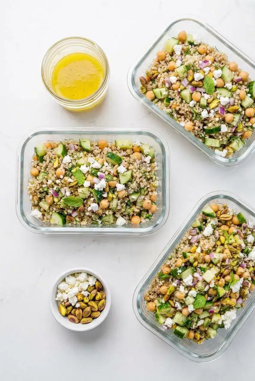Glass meal prep containers filled with quinoa chickpea salad, dressing jar, and separate pistachio toppings.