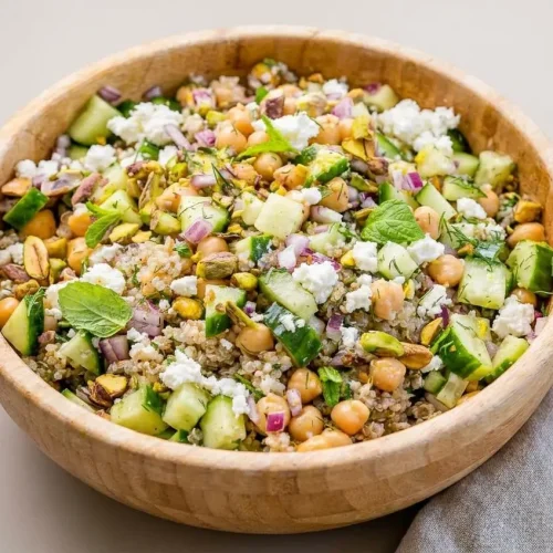 Jennifer Aniston Salad with fluffy quinoa, crisp cucumber, chickpeas, pistachios, and crumbled feta.