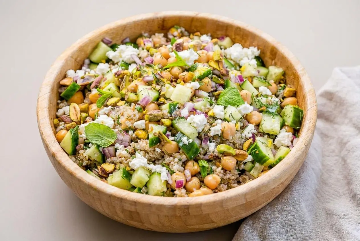 Jennifer Aniston Salad with fluffy quinoa, crisp cucumber, chickpeas, pistachios, and crumbled feta.