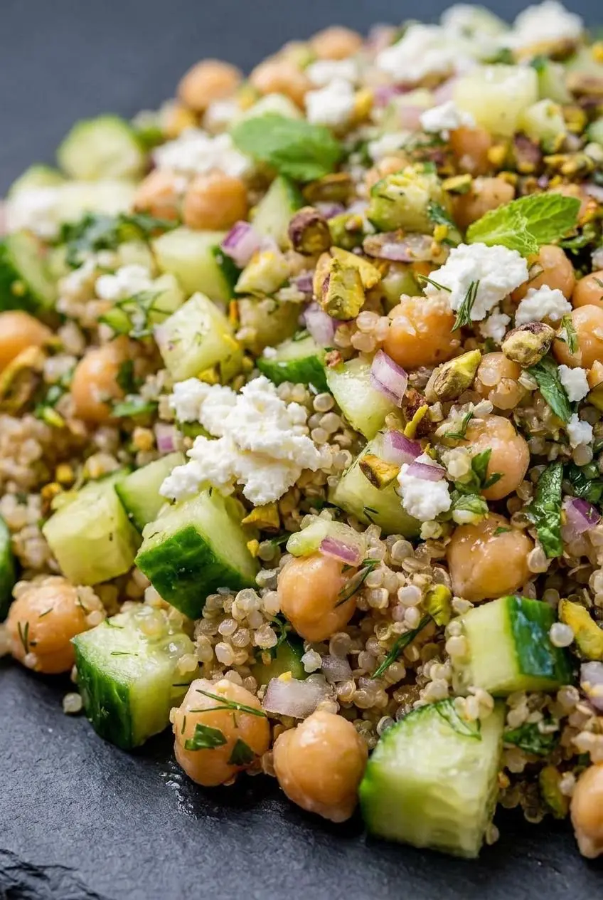 Close-up macro view of cooked quinoa, chickpeas, diced cucumber, and herbs tossed in lemon dressing.