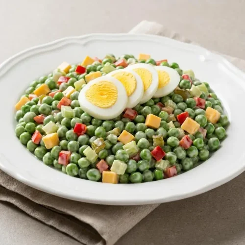 Knotts Berry Farm Pea Salad in a bowl with green peas, eggs, sweet pickles, and creamy mayonnaise dressing.