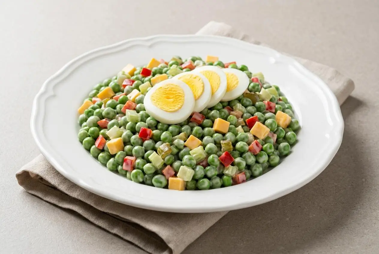 Knotts Berry Farm Pea Salad in a bowl with green peas, eggs, sweet pickles, and creamy mayonnaise dressing.