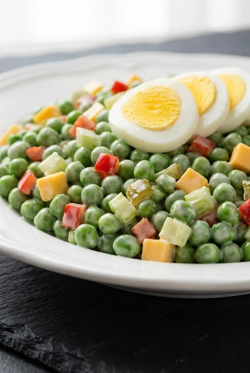 Close-up of creamy pea salad showing plump peas coated in glossy dressing with egg slices and diced peppers.