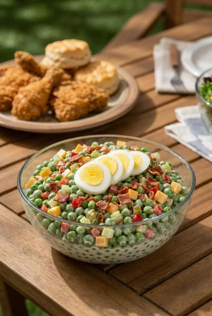 Glass bowl of Knotts Berry Farm Pea Salad topped with crumbled bacon on an outdoor picnic table.