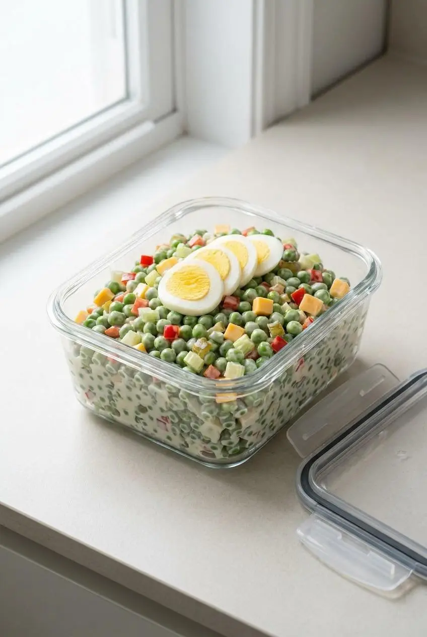 Chilled pea salad packed in a glass airtight storage container on a light countertop.