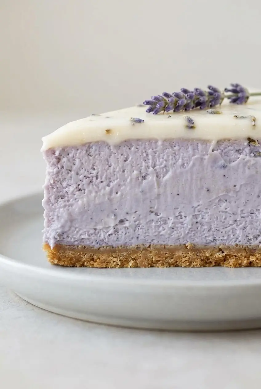 Close-up of a creamy slice of purple lavender cheesecake showing a dense, smooth, and lump-free texture.