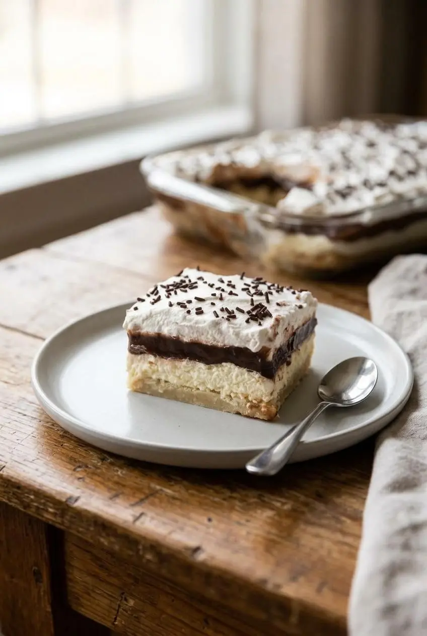 A neat square slice of layered chocolate pudding dessert on a ceramic plate, served with a small spoon.