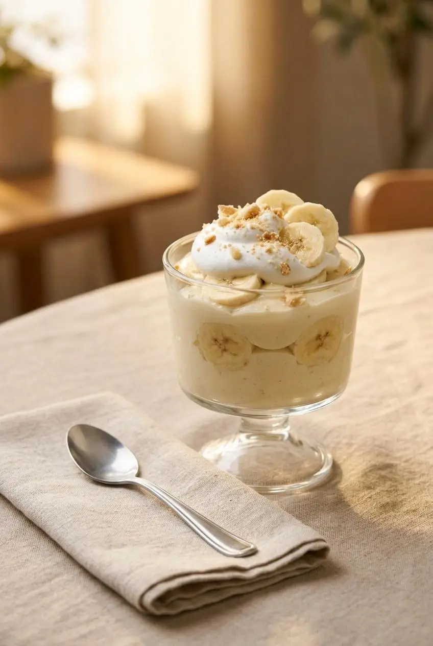 Layered banana dessert in a glass dish set on a warm linen-covered table with a folded napkin and spoon.