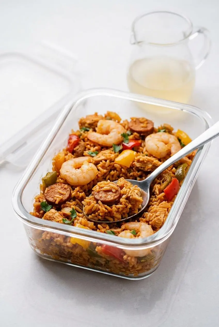 Jambalaya portioned into a rectangular glass storage container next to a small pitcher of clear chicken broth for reheating.