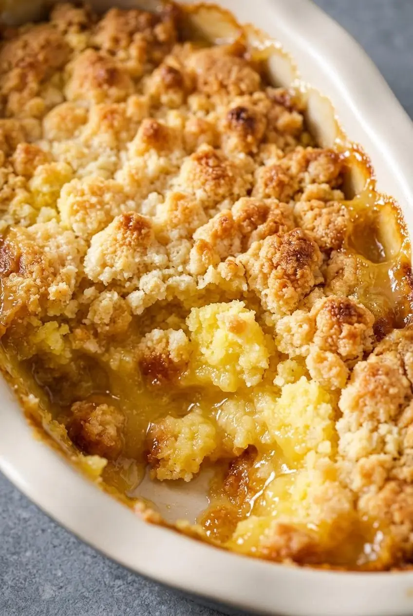 Close-up of baked lemon dump cake showing bubbly lemon filling and crisp buttery topping crumbs.