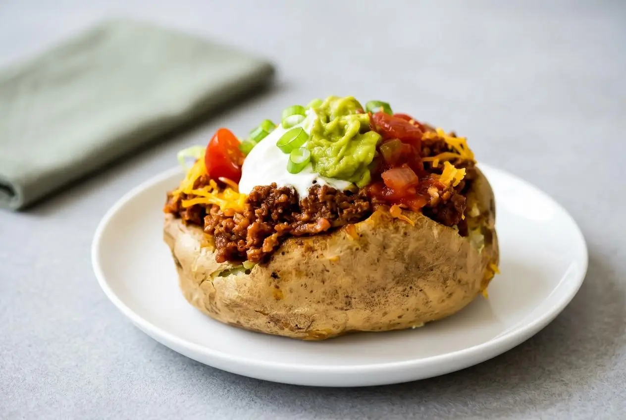 Taco potatoes baked with crisp skins and loaded with seasoned ground beef, melted cheddar cheese, and fresh toppings.