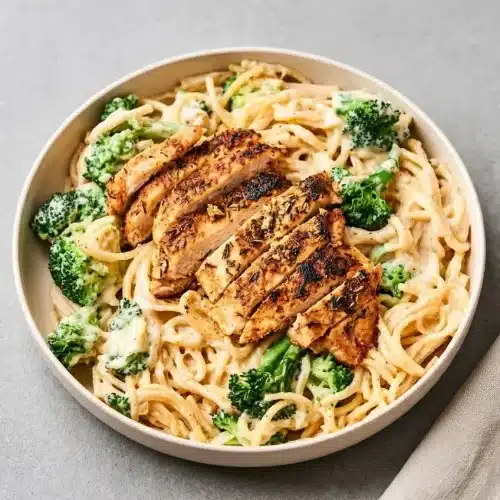 Low Calorie Chicken Alfredo with tender sliced chicken, broccoli florets, and pasta tossed in a smooth, creamy garlic sauce.