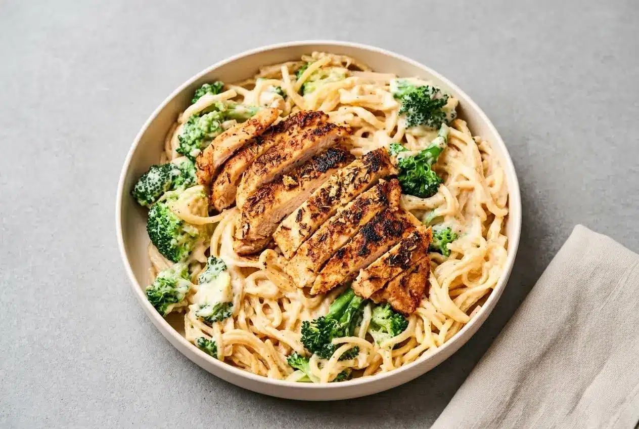 Low Calorie Chicken Alfredo with tender sliced chicken, broccoli florets, and pasta tossed in a smooth, creamy garlic sauce.