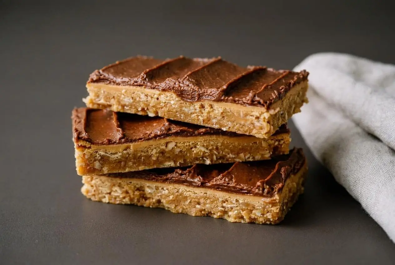 Chewy Lunch Lady Peanut Butter Bars with rich peanut butter center and dark chocolate frosting.