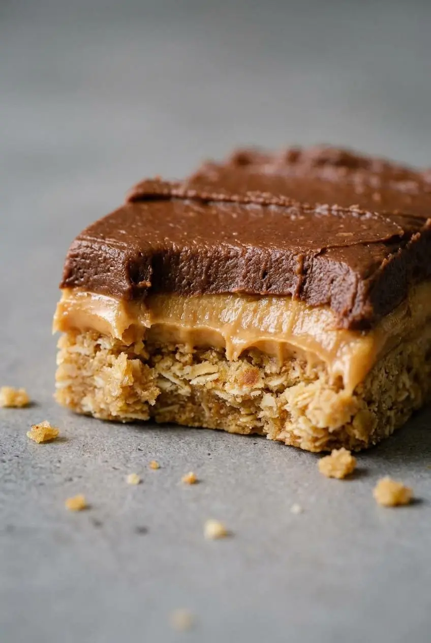 Close-up slice of peanut butter bars showing the oat crust, smooth peanut butter layer, and cocoa frosting.