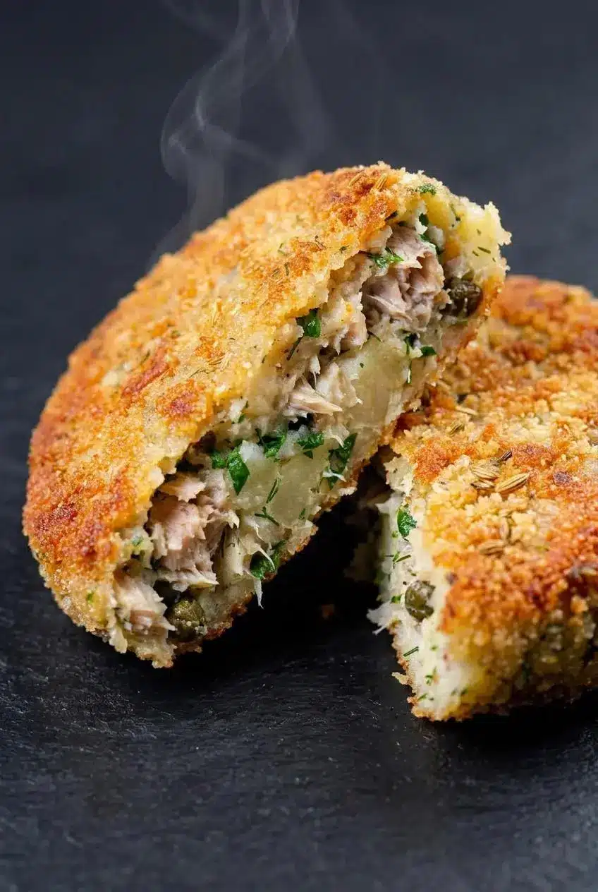 A mackerel fish cake cut in half showing the flaky fish, capers, parsley, and fluffy mashed potato interior.