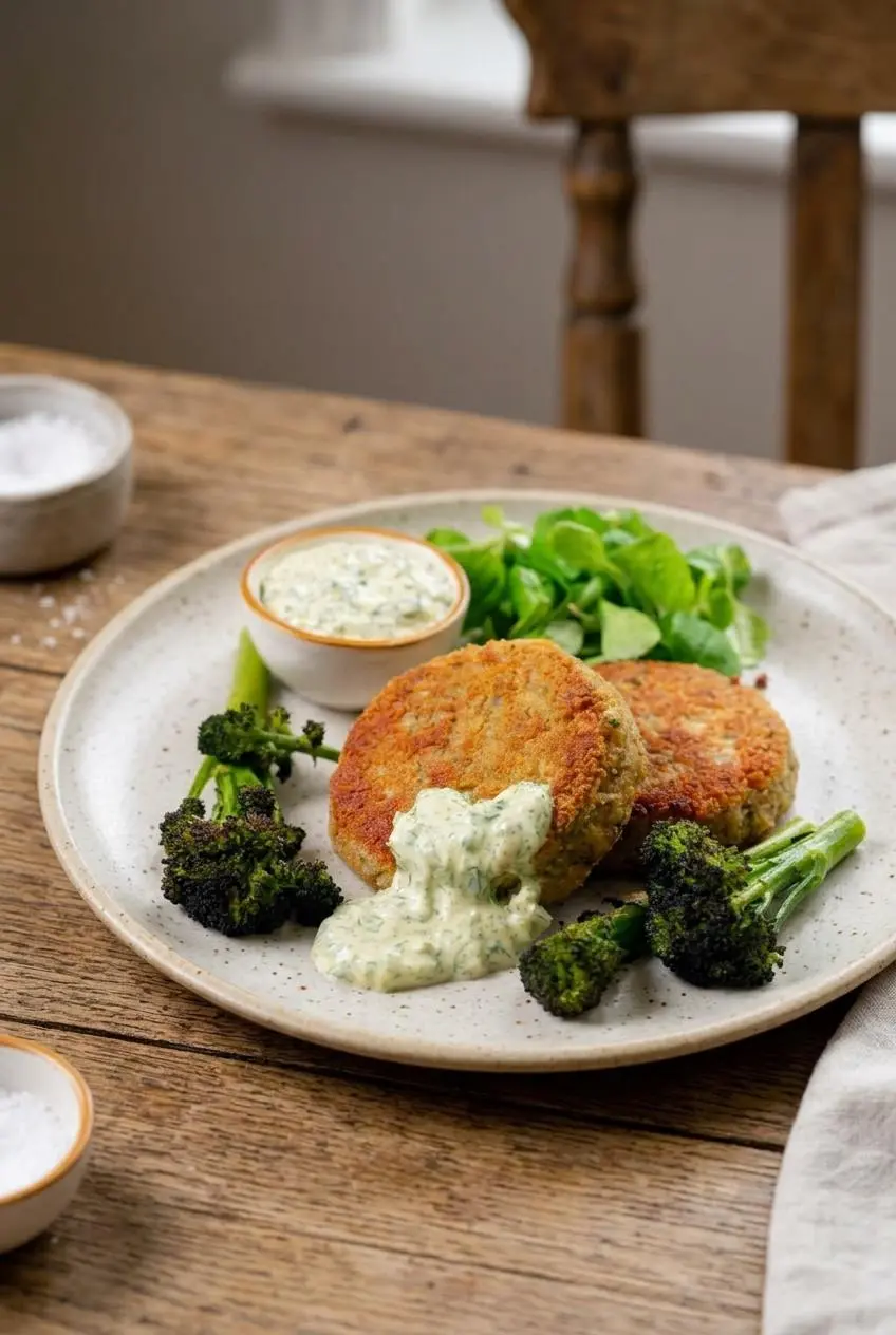 Two crispy mackerel fish cakes served on a ceramic plate with tartare sauce and roasted broccoli.