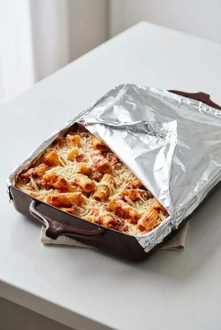 Assembled unbaked rigatoni topped with shredded mozzarella in a baking dish, partially covered with aluminum foil.