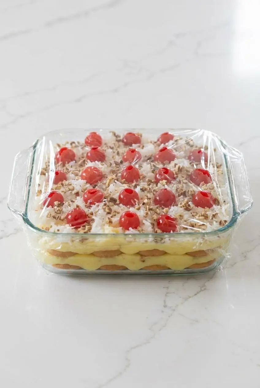 Assembled pineapple icebox cake covered tightly with plastic wrap in a glass dish on a countertop.