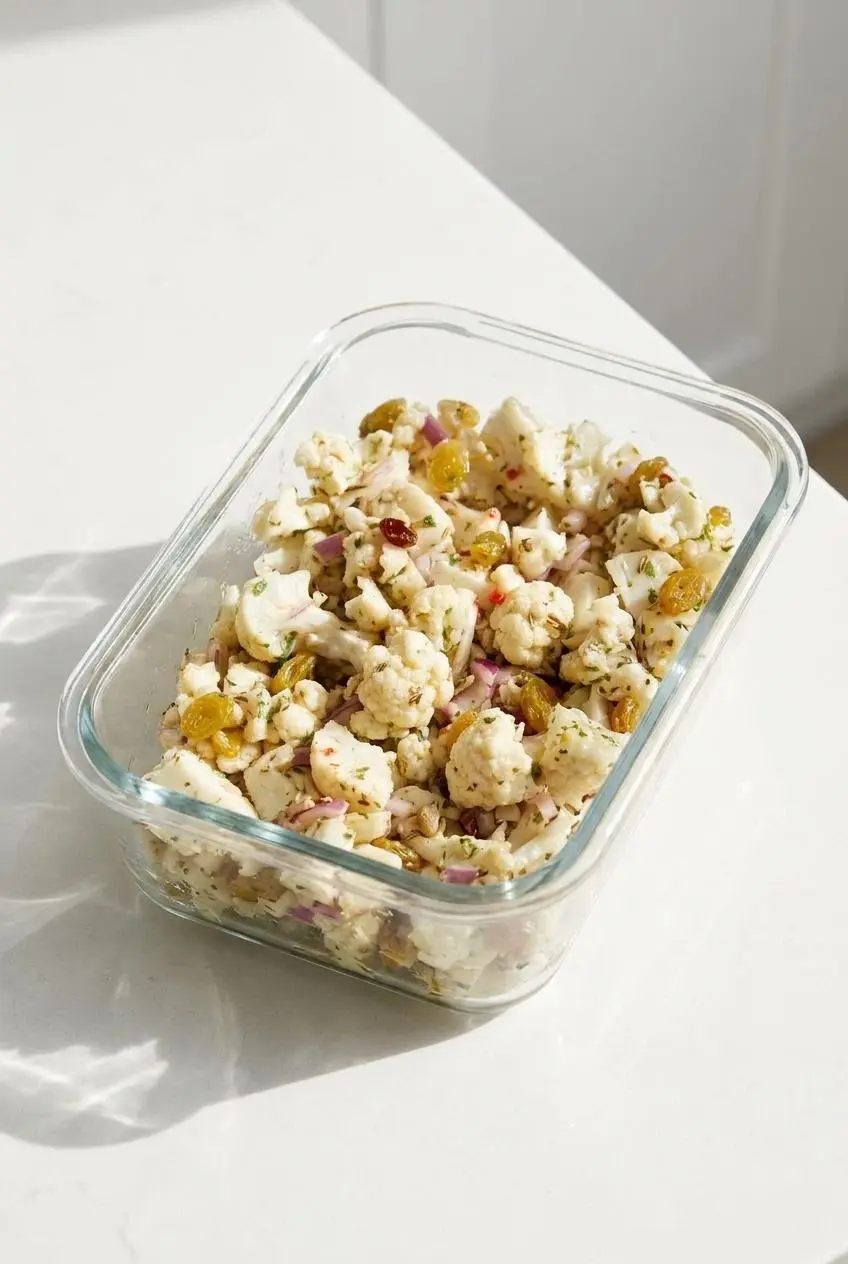 Marinated cauliflower salad stored in a clear glass container on a bright kitchen counter.