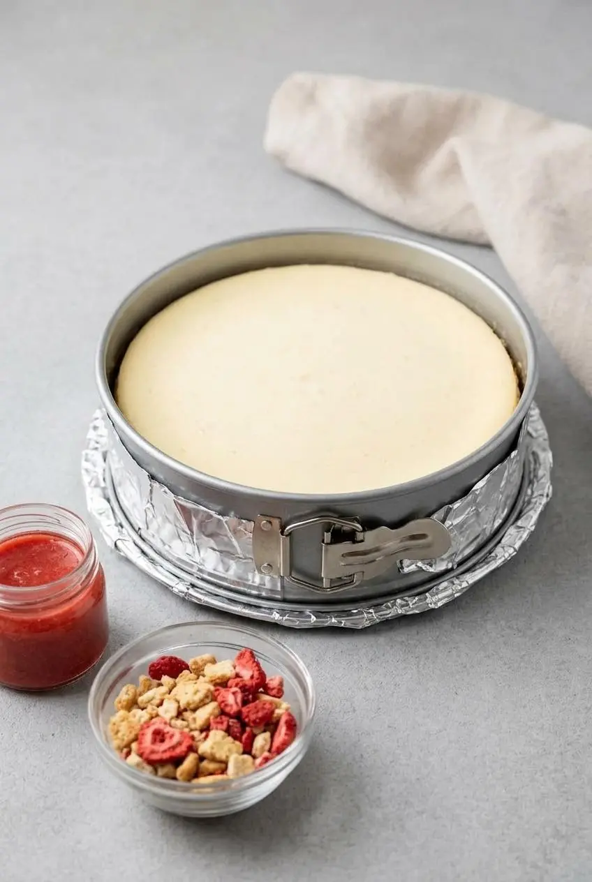 A plain baked cheesecake in a foil-wrapped pan next to small bowls of strawberry sauce and dry crumble.