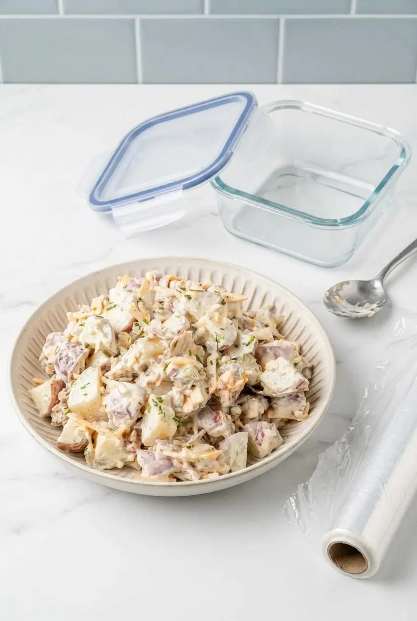 Freshly mixed potato salad next to a clear glass storage container and plastic wrap on a white kitchen counter.
