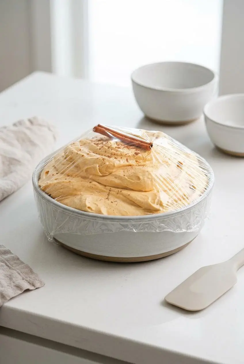 Bowl of orange pumpkin dessert dip partially covered with clear plastic wrap on a white quartz countertop.