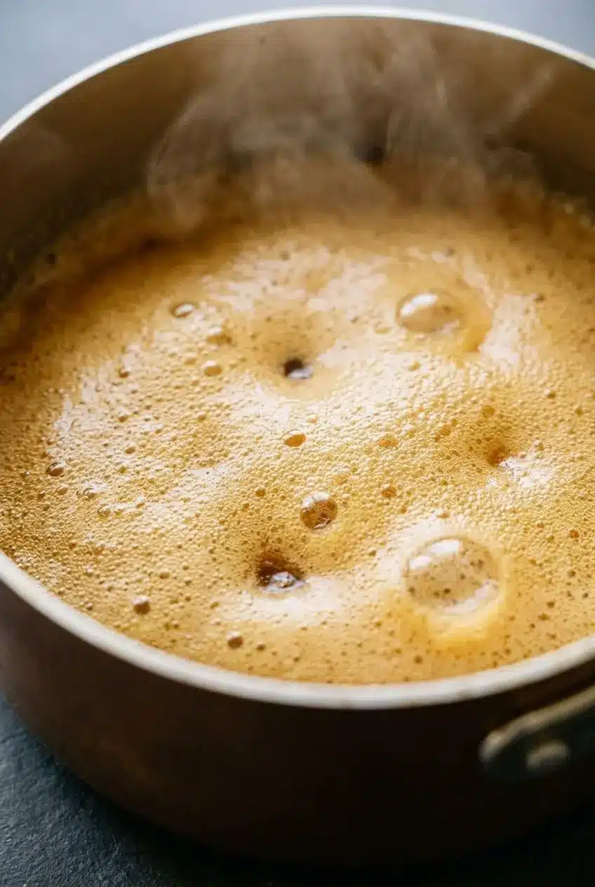 Close-up of golden buttermilk syrup bubbling and foaming inside a deep saucepan as baking soda is whisked in.