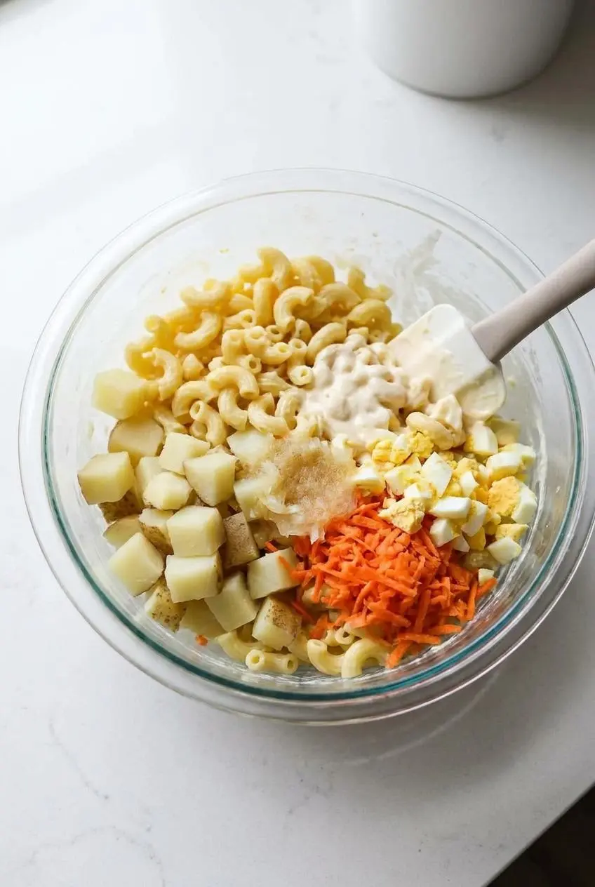 Mixing tender boiled potatoes, elbow macaroni, grated carrots, and egg into mayonnaise dressing with a spatula.