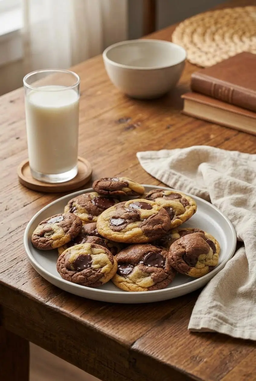 A stack of fresh marbled cookies resting on a rustic wooden table next to a tall glass of cold milk and a soft linen napkin.