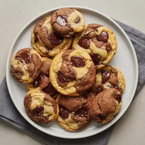 Thick Marbled Chocolate Chip Cookies showing distinct swirls of dark cocoa and golden vanilla dough with melted chocolate wafers.