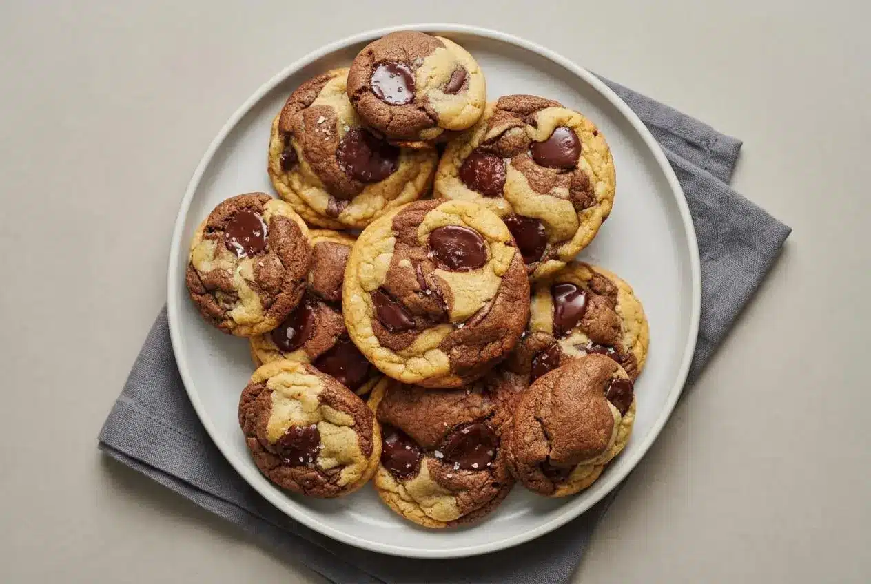 Thick Marbled Chocolate Chip Cookies showing distinct swirls of dark cocoa and golden vanilla dough with melted chocolate wafers.
