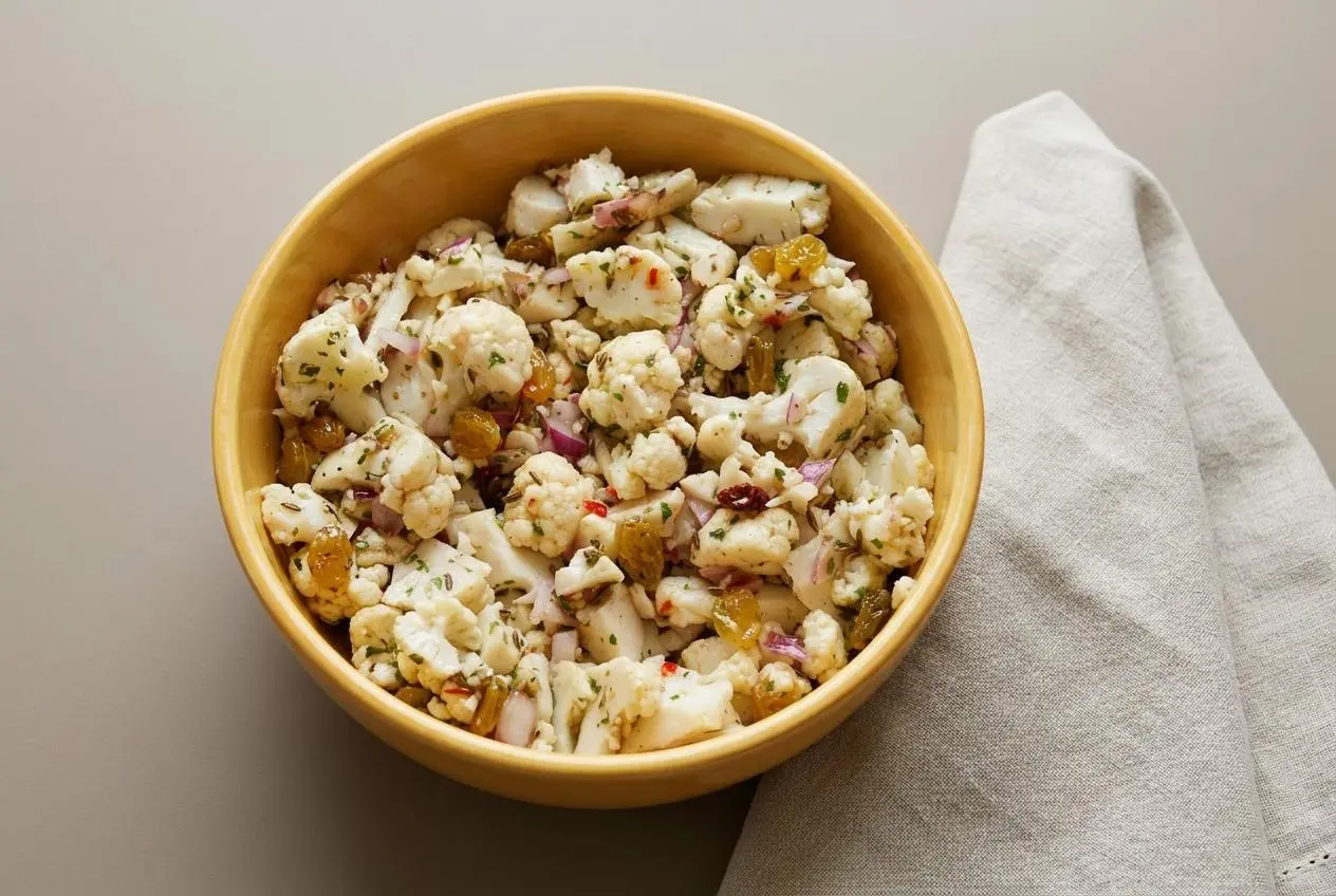 Marinated Cauliflower Salad with crisp raw florets, golden raisins, and herb garlic vinaigrette in a bowl.