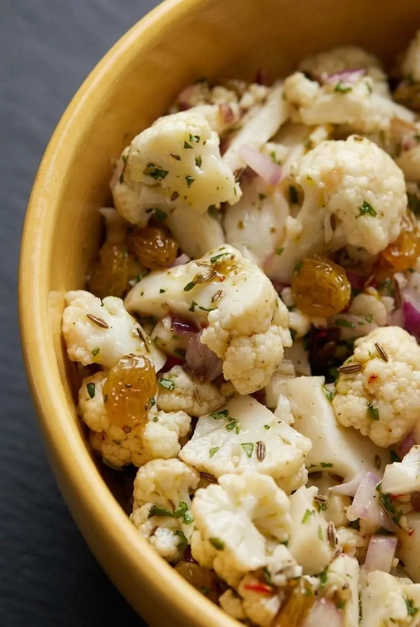 Macro detail of raw cauliflower florets coated in glossy herb vinaigrette, caraway seeds, and golden raisins.