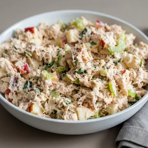 Martha Stewart's tuna salad featuring flaked tuna, diced red apple, celery, and chopped fresh basil in a bowl.
