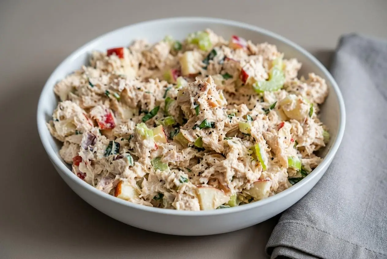 Martha Stewart's tuna salad featuring flaked tuna, diced red apple, celery, and chopped fresh basil in a bowl.