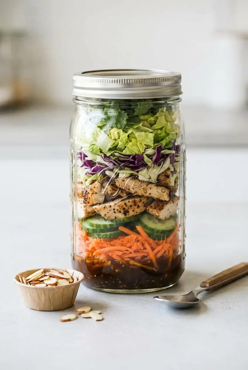 Salad ingredients layered in a clear glass mason jar with sesame dressing at the bottom and greens on top.