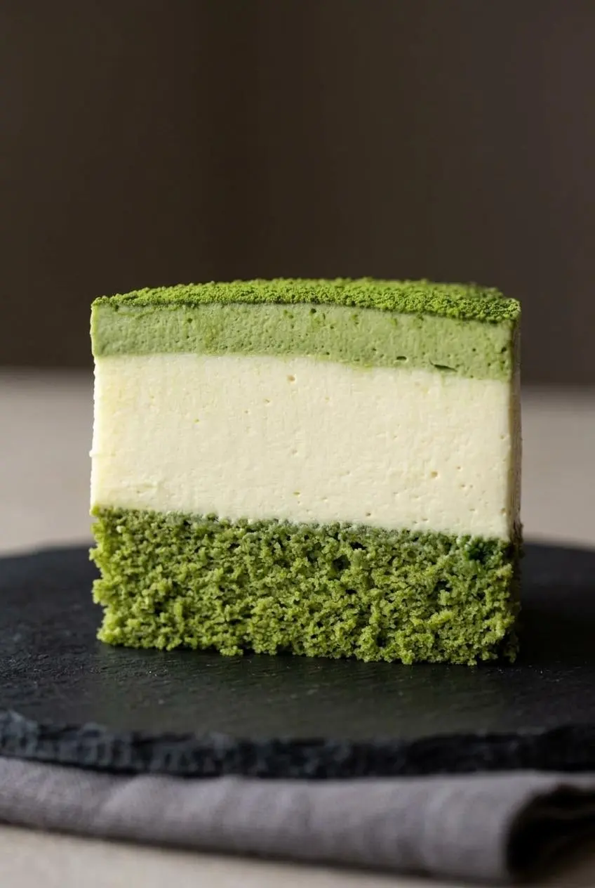 A single slice of matcha white chocolate mousse cake on a dark plate, showing distinct, non-bleeding layers.